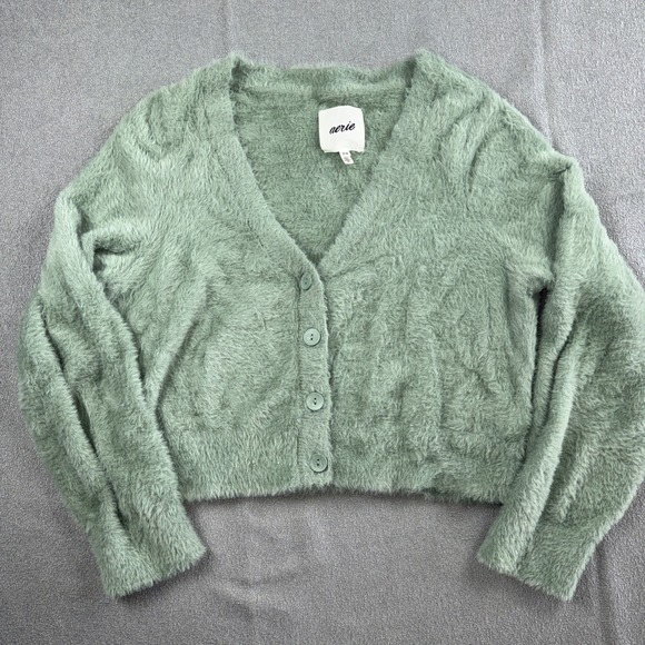 aerie Sweaters - Aerie Sweater Womens Medium Green Fuzzy Cardigan Oversized Cozy Cropped Coquette